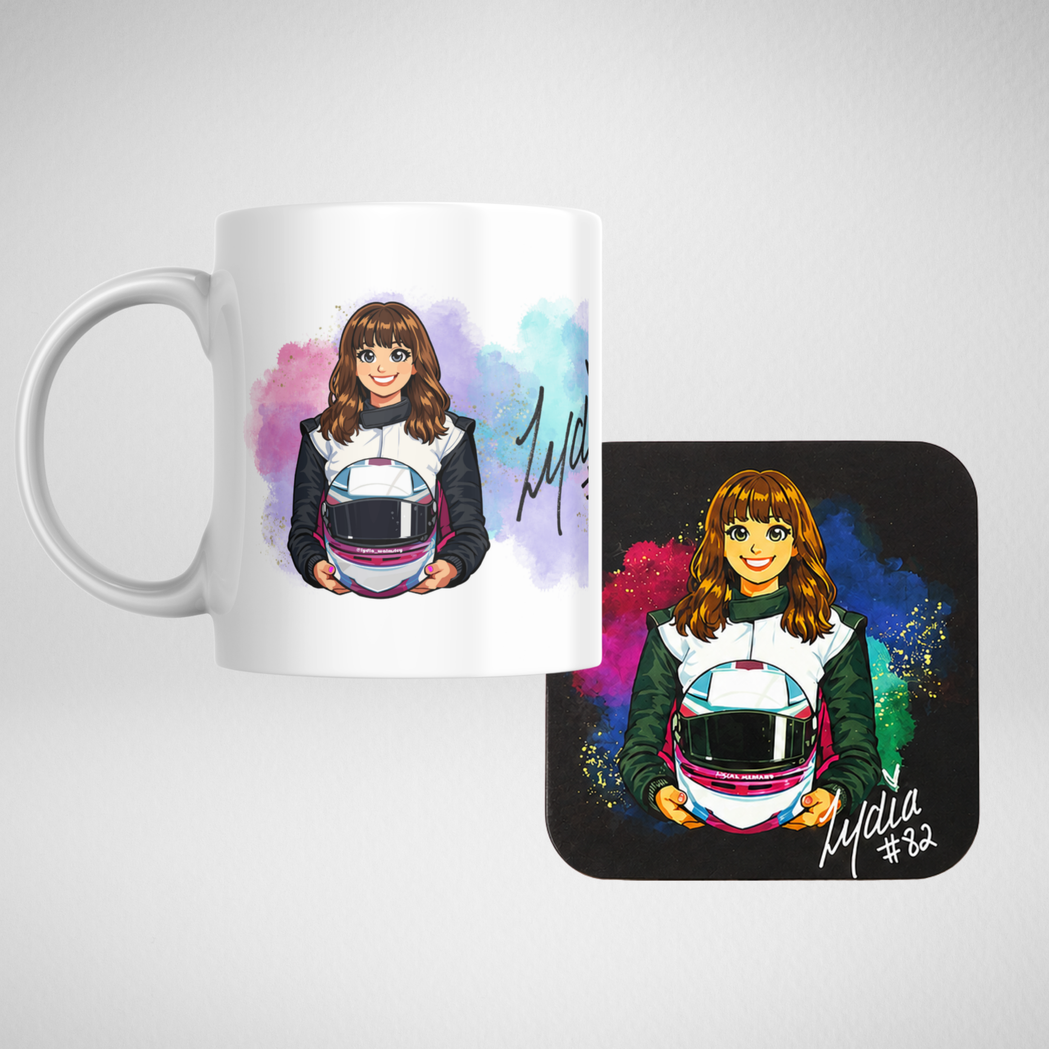Lydia Cartoon Racer Mug and Matching Coaster